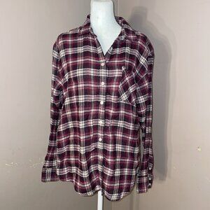 American Eagle Flannel Boyfriend Fit Maroon White Plaid Casual Cozy Sz L